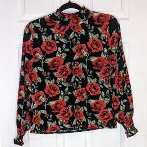 Shein Black Elastic High Neck Red Roses Print Poet Ruffle Sleeves Blouse Top XS
